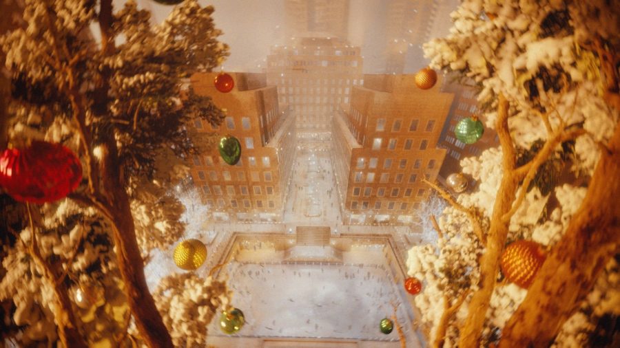 New York aus der Vogelperspektive: Vom Rockefeller Tree schwingt sich Eulenkind Moon in ein Großstadtabenteuer © 2024 Disney