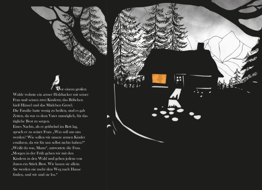 Schon auf den ersten Seiten von „Hänsel und Gretel“ tut sich eine schaurig schöne Märchen-Atmosphäre auf © Minedition