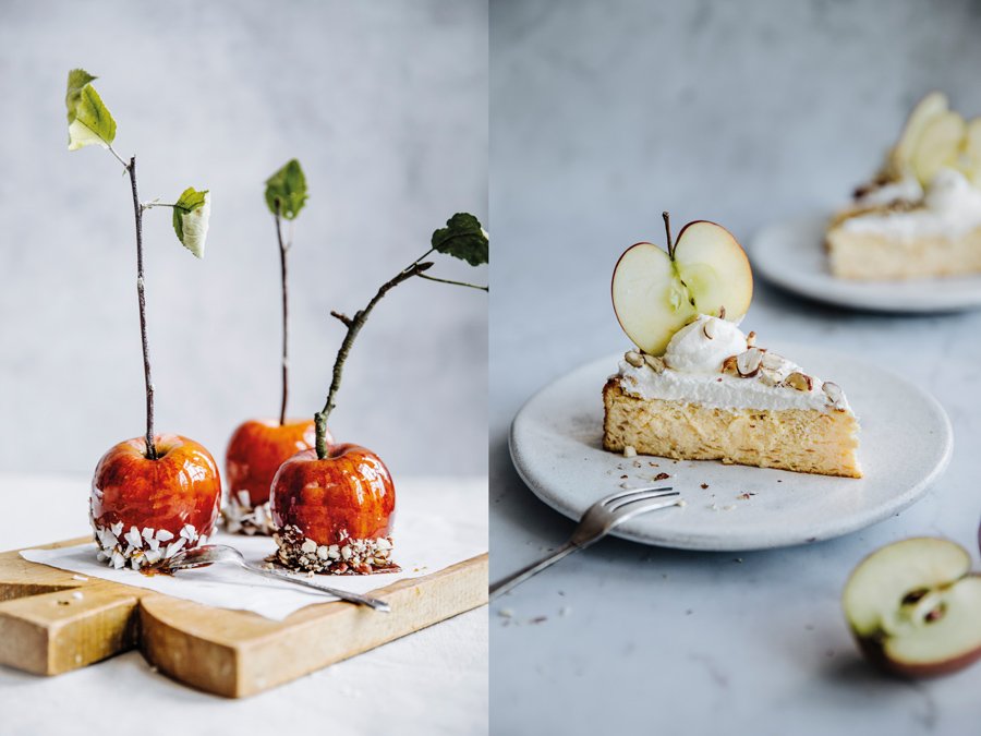 Hingucker auf jeder Kaffeetafel: Karamelläpfel und Apfel-Quark-Torte © DK Verlag/Madeleine und Florian Ankner