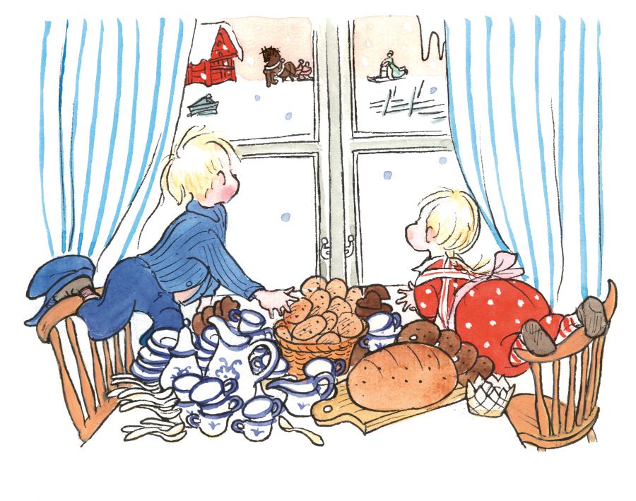 Weihnachten auf Katthult: Michel und Ida freuen sich über den ersten Schnee. Illustration © Björn BergBildmakarna Berg AB/Oetinger Verlag