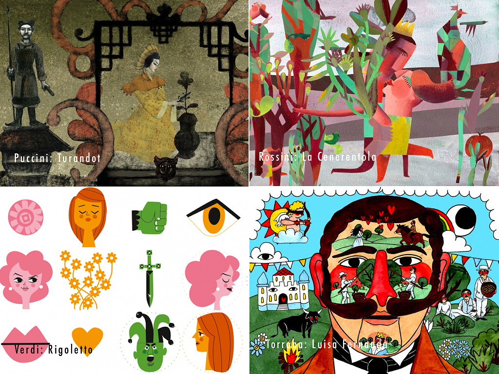 Illustrationen von Pablo Auladell, Marina Anaya, Mikel Casal und Ricardo Cavolo zu den Opern von Puccini, Rossini, Verdi und Torroba